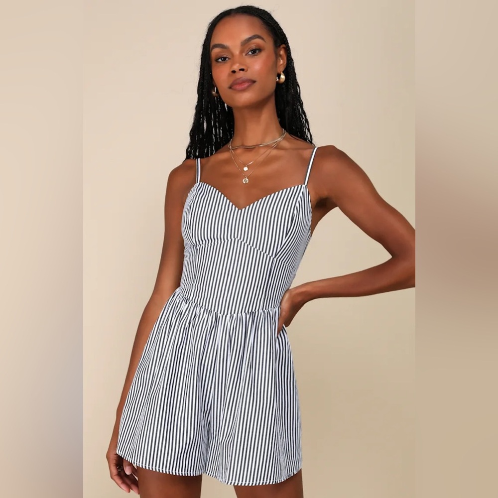 Iconic Sweetie Ivory Striped Poplin V-Neck Sleeveless Romper- NWOT